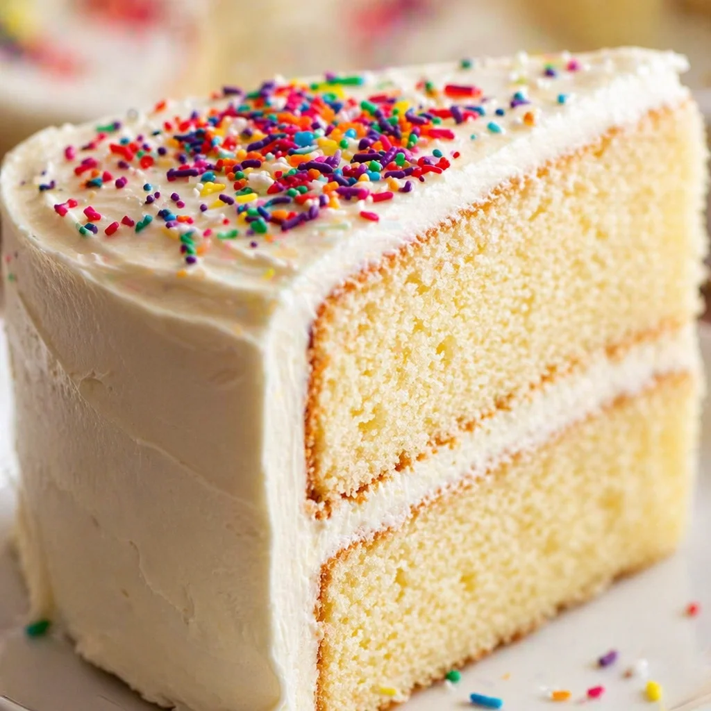 Delicious classic vanilla cake with fluffy layers and silky buttercream frosting.