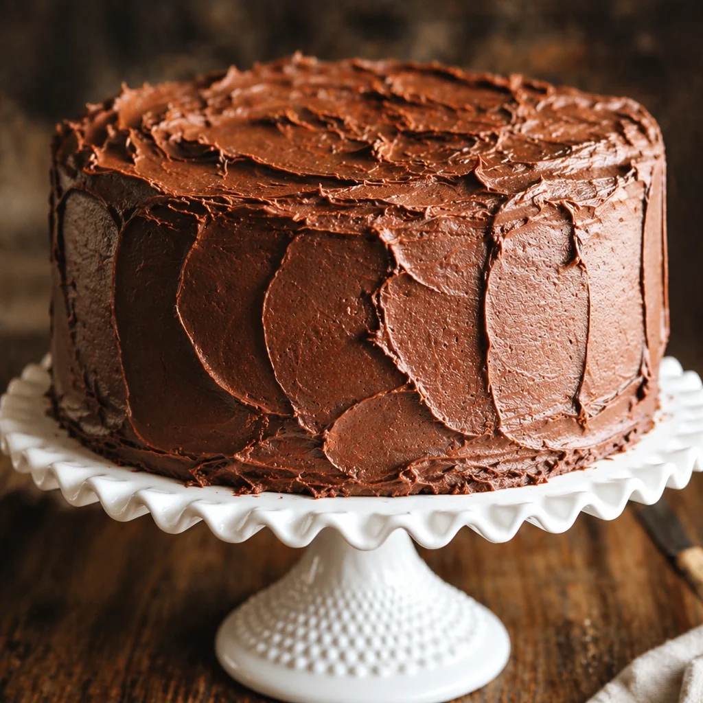 A delicious slice of the best chocolate cake topped with creamy chocolate buttercream frosting.