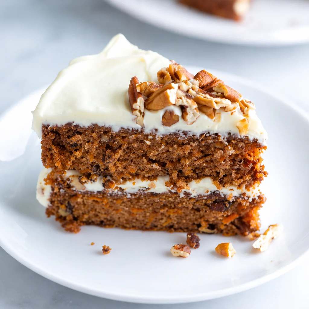 Delicious homemade carrot cake topped with cream cheese frosting.