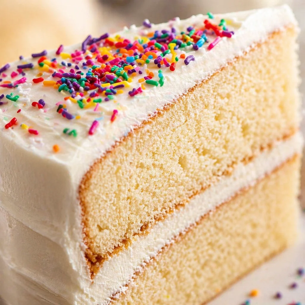 Homemade vanilla cake from scratch, light and fluffy with rich vanilla flavor.