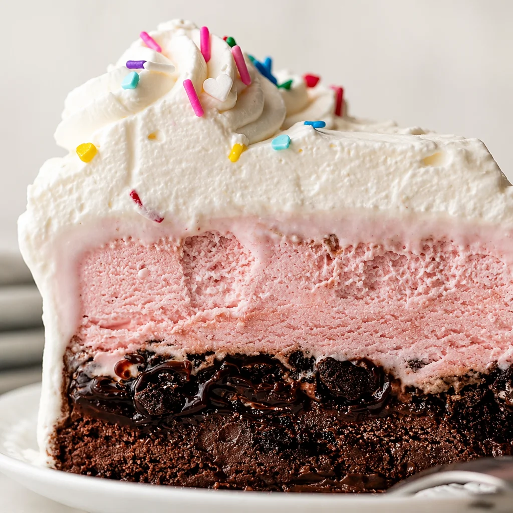 Delicious homemade ice cream cake with layers of ice cream, Oreo cookies, and fudge.
