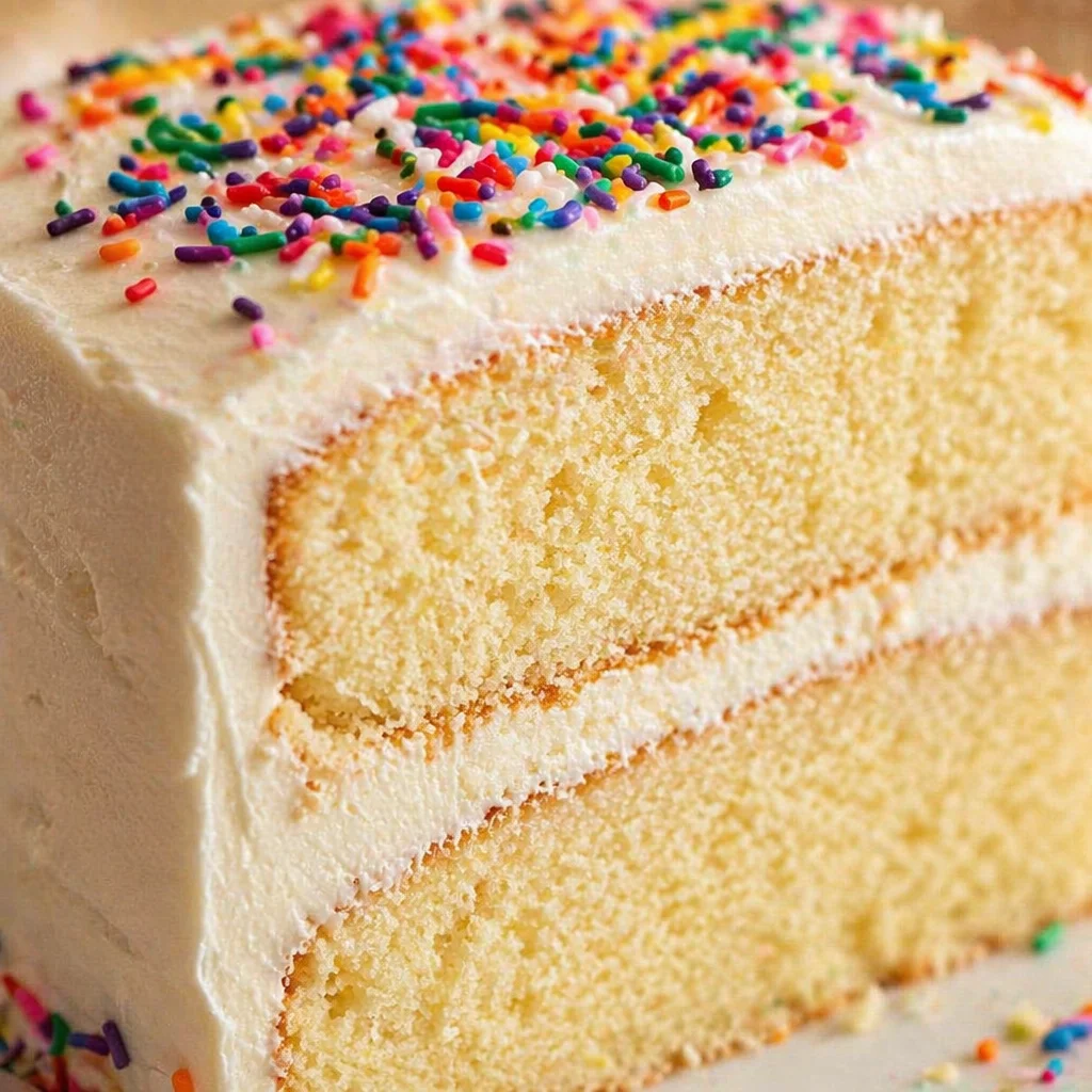 Delicious moist vanilla cake adorned with rich vanilla frosting and fresh berries.