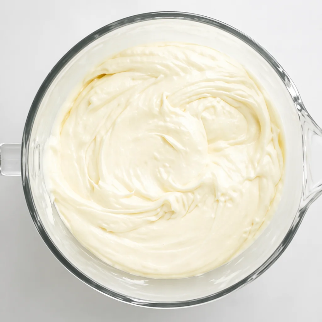 Moist vanilla cake without eggs topped with smooth white frosting on a cake stand.