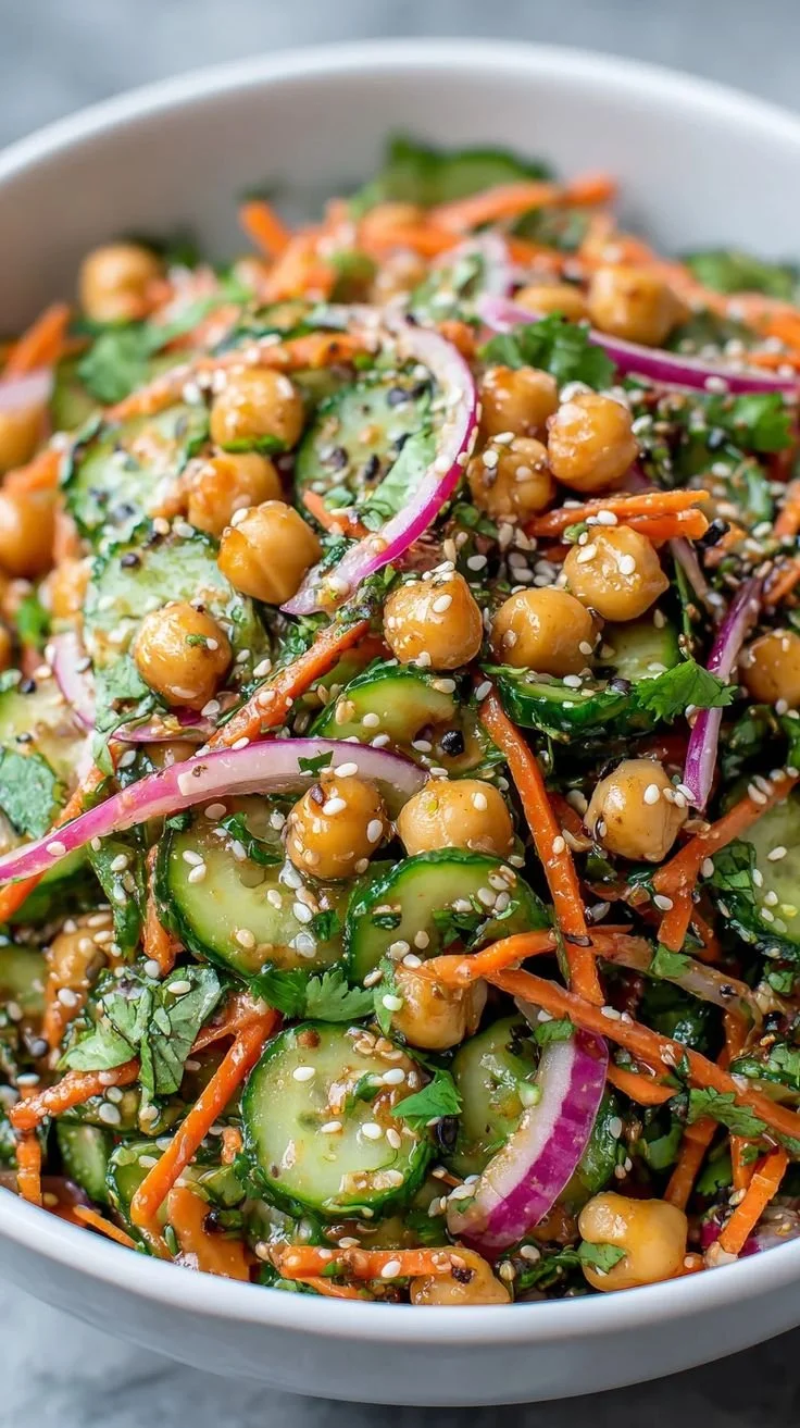 Asian cucumber and chickpea slaw topped with sesame dressing in a bowl.