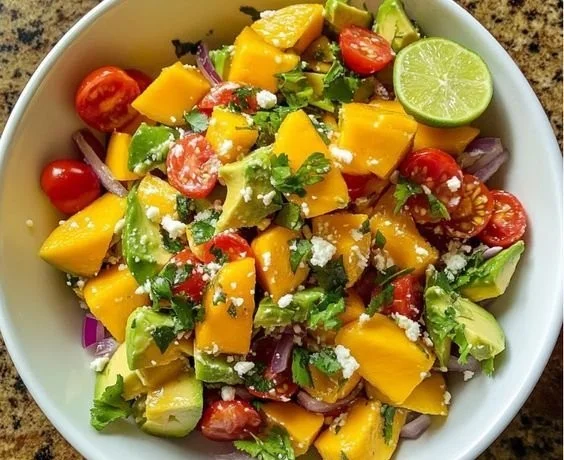 Avocado Mango Salad with Zesty Lime Dressing garnished with fresh herbs