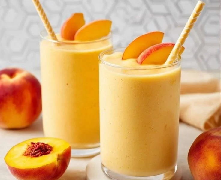 Delicious banana peach smoothies in a glass with fresh fruit