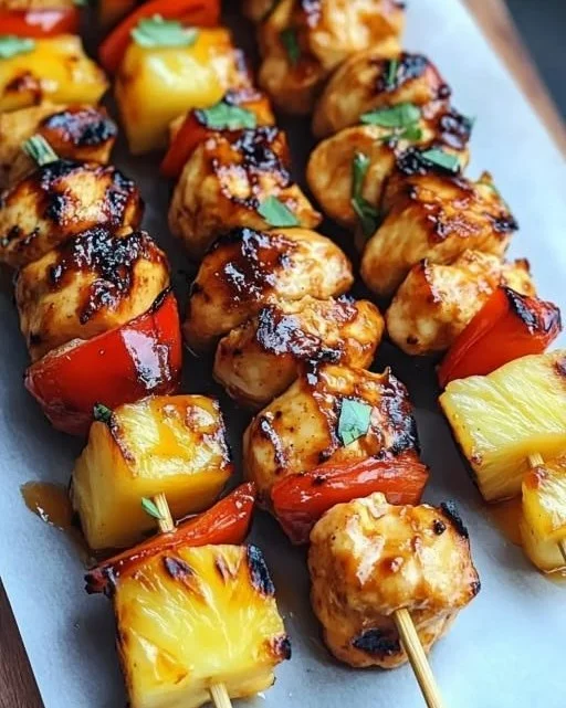 Delicious BBQ Chicken Kabobs with pineapple on the grill