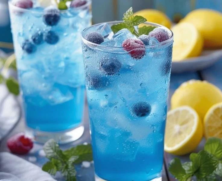Refreshing glass of blue raspberry lemonade with lemon slices and raspberries