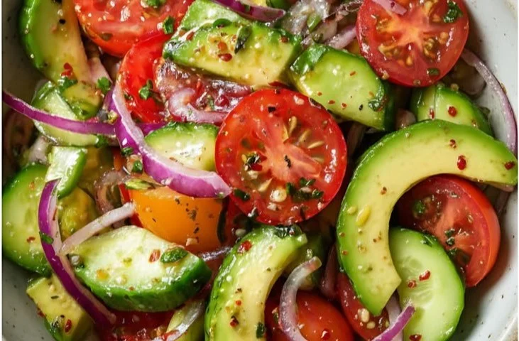 Colorful Cucumber Tomato Avocado Salad in a bowl, fresh and nutritious.