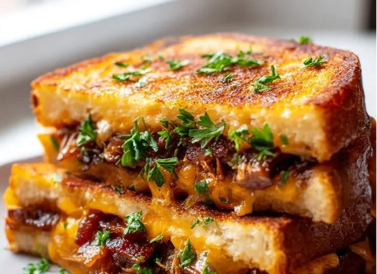 BBQ Beef Bacon Grilled Cheese sandwich with melty cheese and crispy bacon