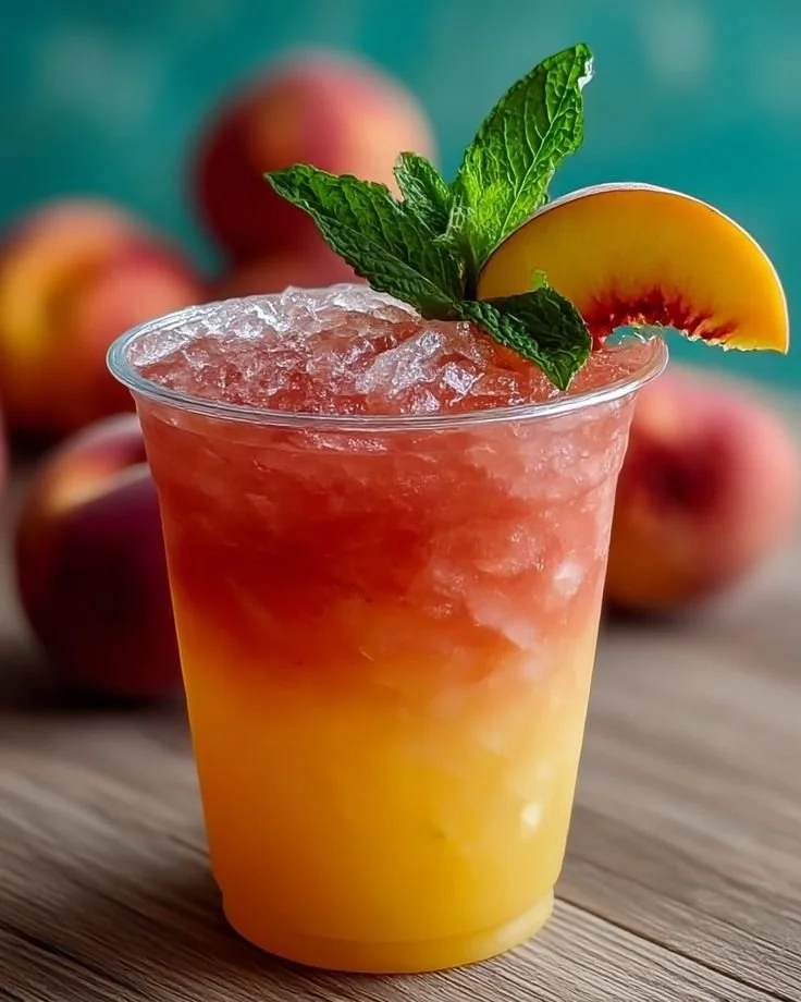 Fuzzy Peach Refresher drink in a glass with ice and peach slices