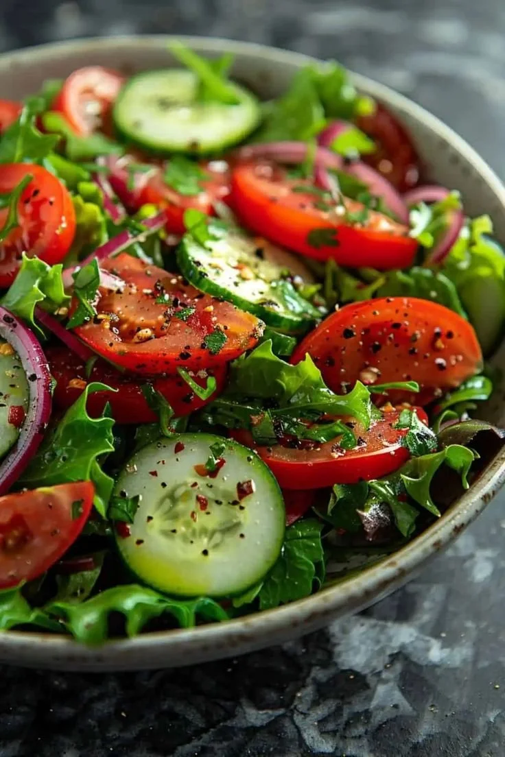 Colorful garden salad with fresh vegetables and dressing