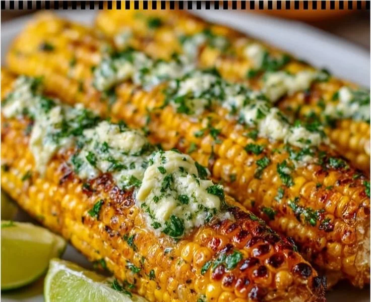 Grilled corn on the cob with garlic herb butter served on a plate
