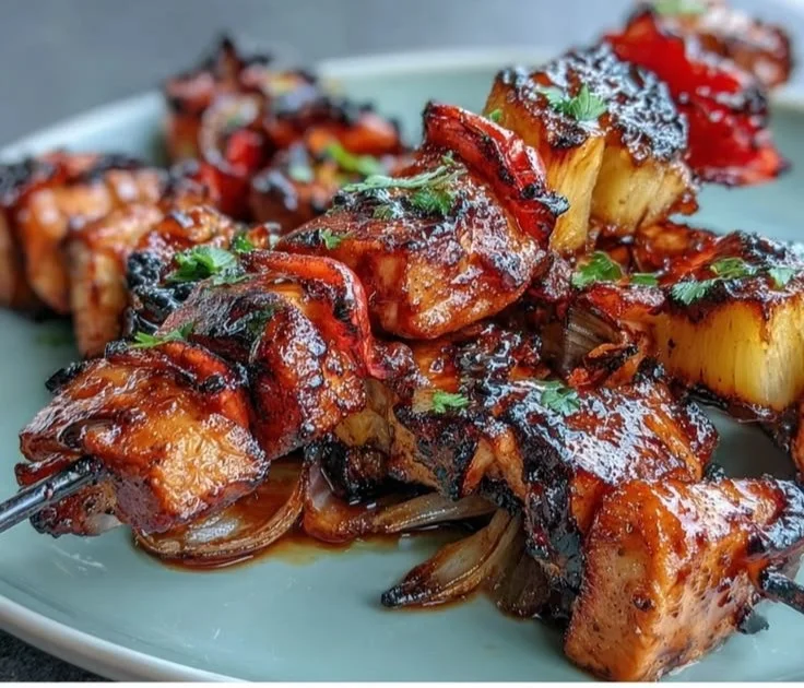 Delicious grilled pineapple chicken skewers ready to serve