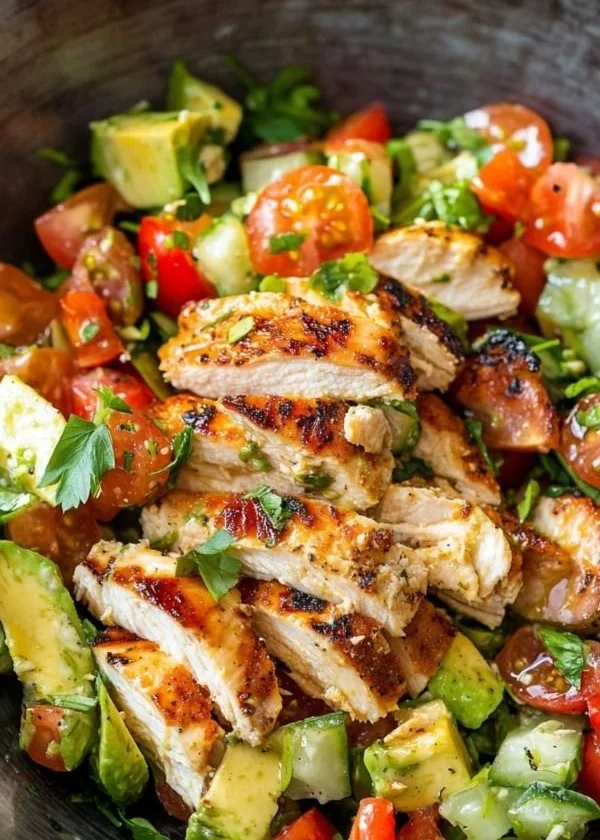 Healthy avocado chicken salad with fresh ingredients and vibrant colors