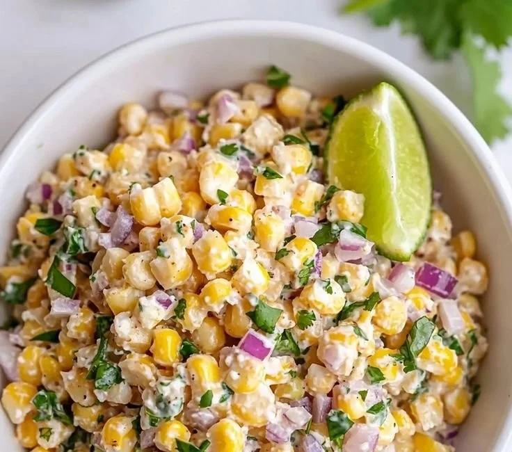 Healthy street corn salad featuring Greek yogurt, fresh corn, and vibrant toppings