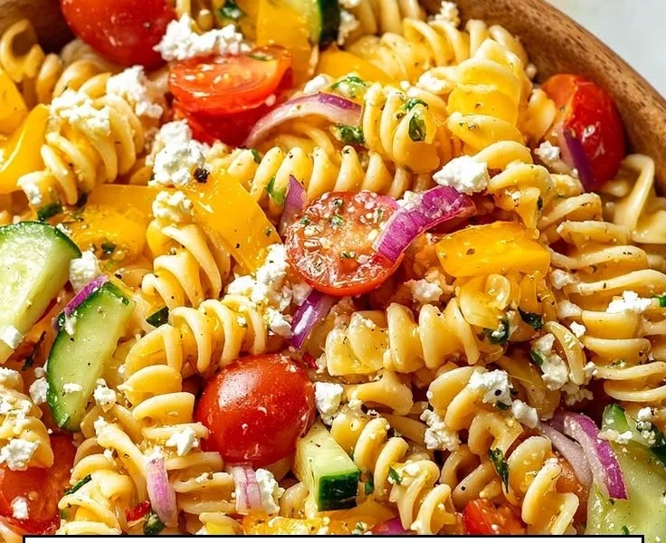 High Protein Greek Pasta Salad with vibrant vegetables and feta cheese