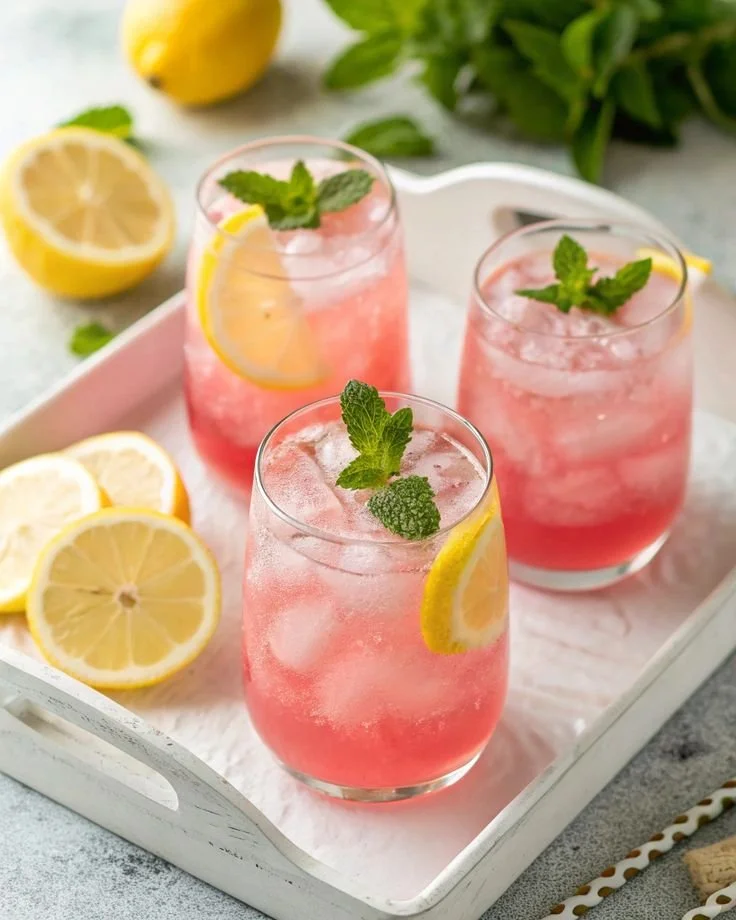 Refreshing glass of homemade pink lemonade with lemon slices and mint