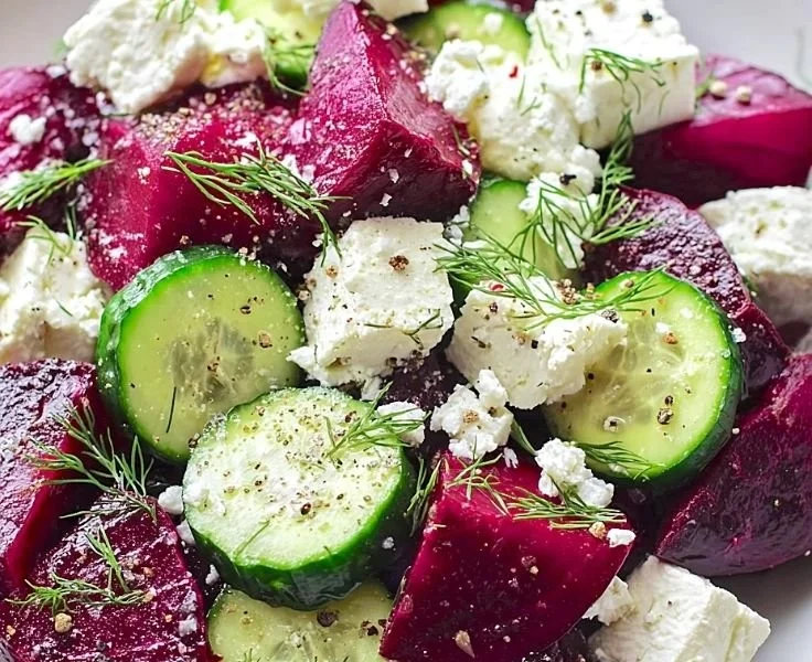 Irresistible beet feta salad with cucumber and dill served in a bowl.