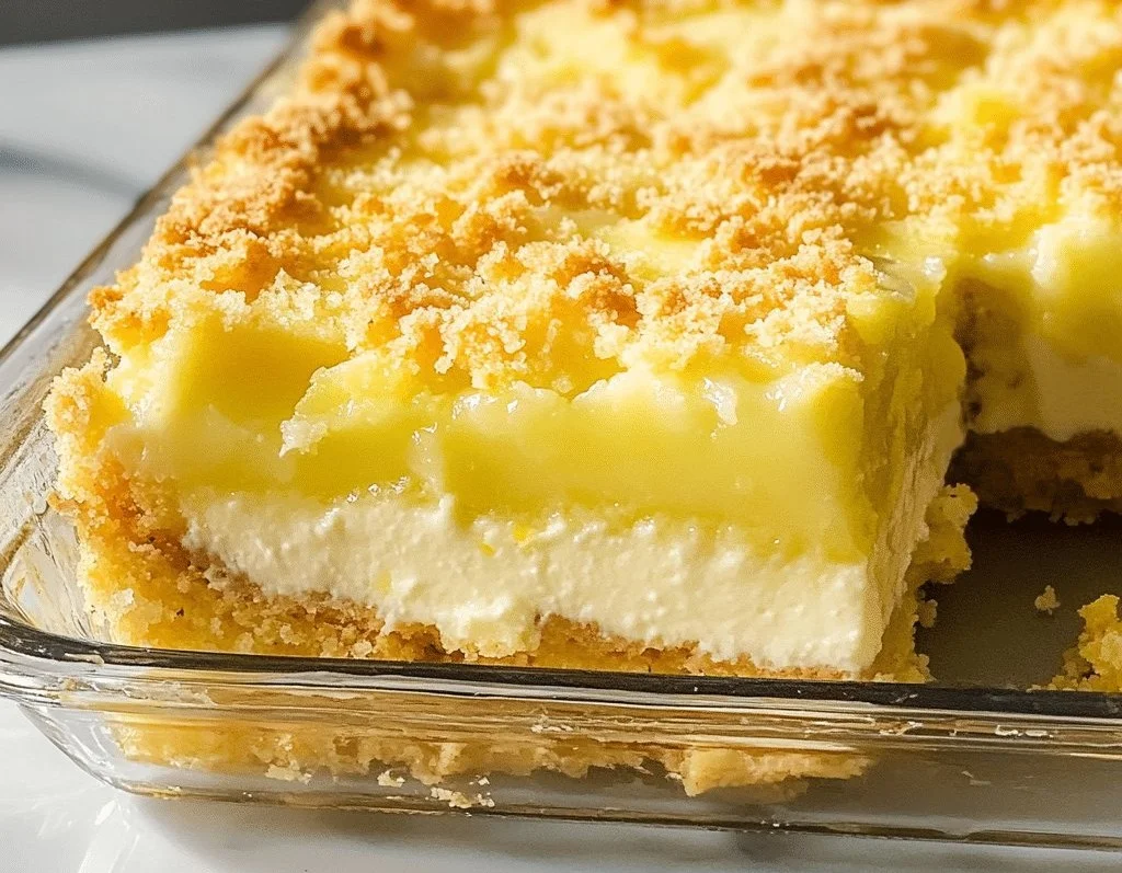 Delicious Lemon Cream Cheese Dump Cake topped with fresh lemons and cream cheese frosting