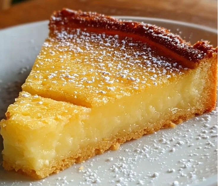 Slice of Lemon Custard Cake with fresh lemon slices and a creamy custard layer