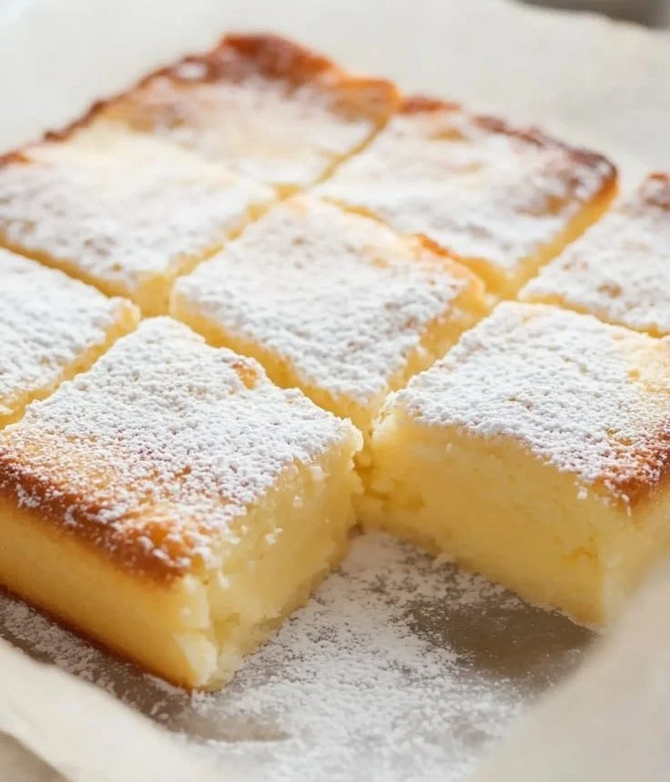 Magic lemon custard cake served on a plate with lemon slices and mint garnish.