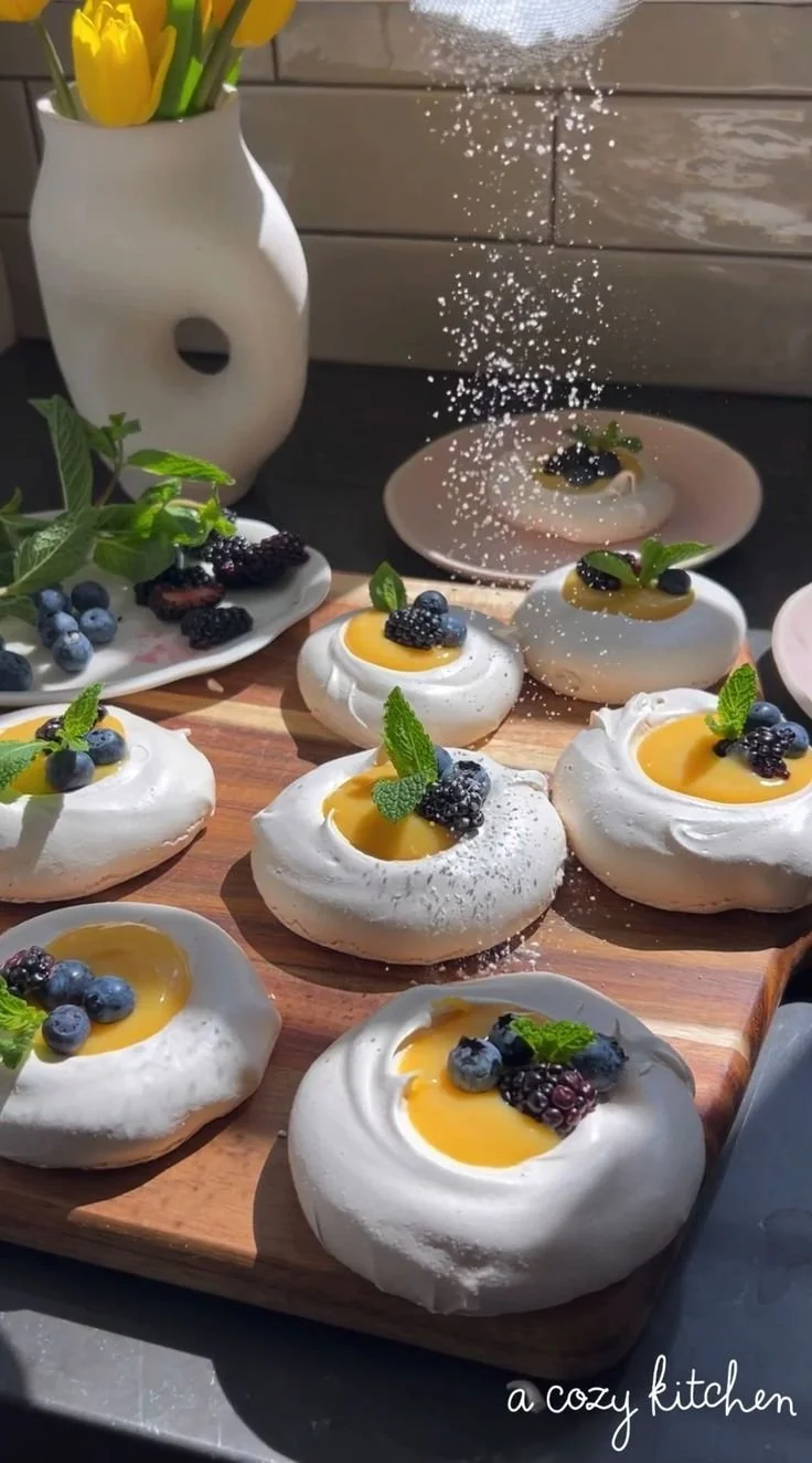Delicious meringues beautifully served with vibrant citrus curd