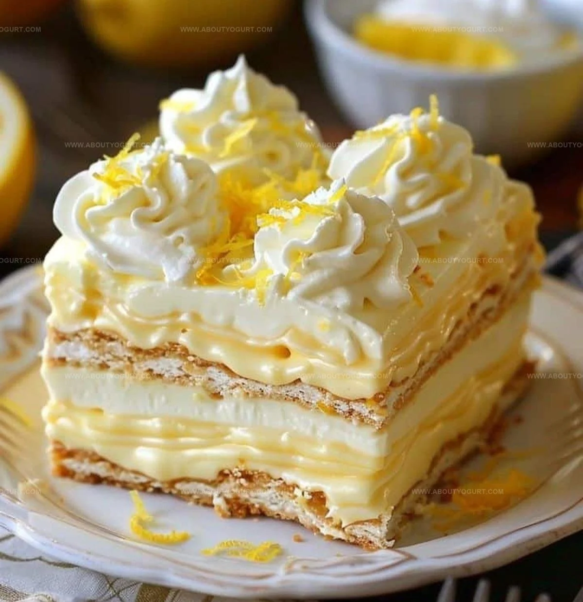 No-Bake Lemon Eclair Cake topped with lemon icing and fresh lemons