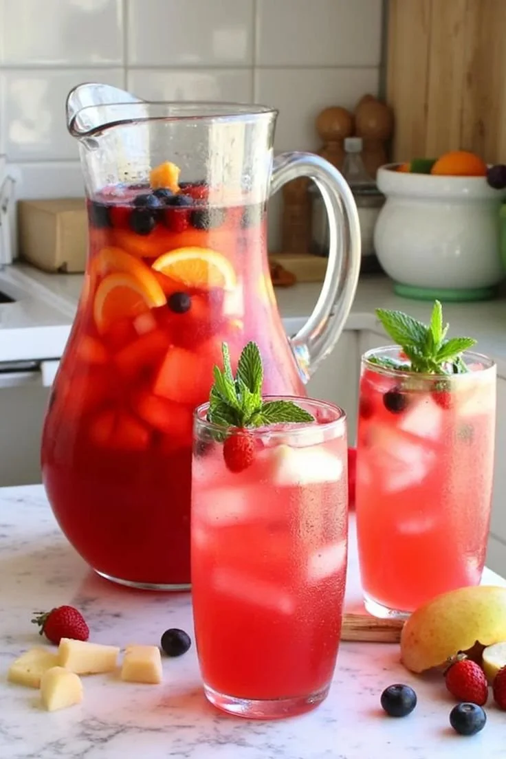 Delicious non-alcoholic sangria sipper with fresh fruits and herbs
