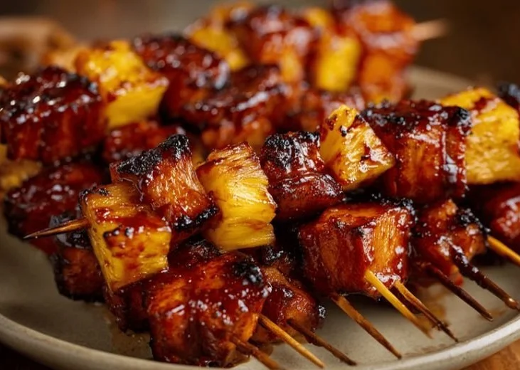 Pineapple BBQ Pork Skewers ready for grilling with vibrant colors.