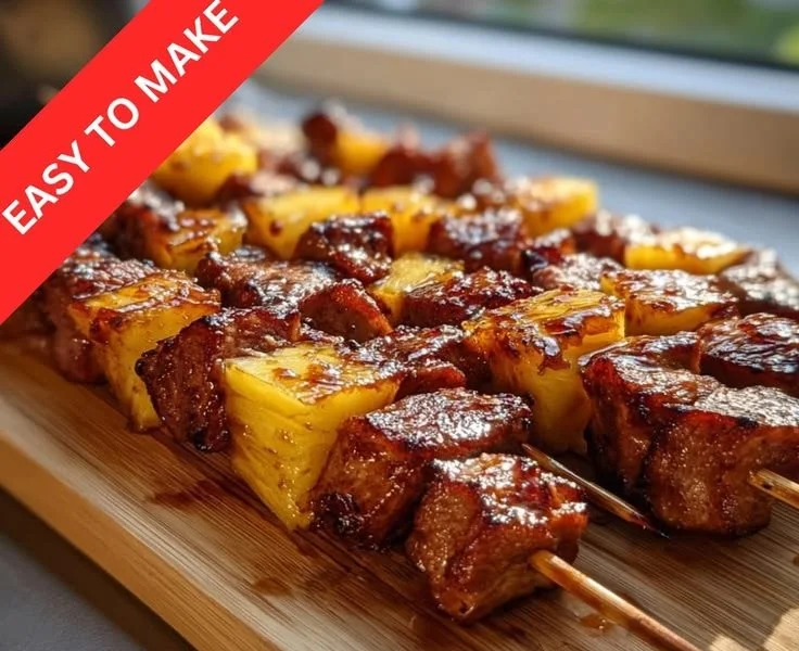 Juicy pineapple BBQ pork skewers ready to be grilled