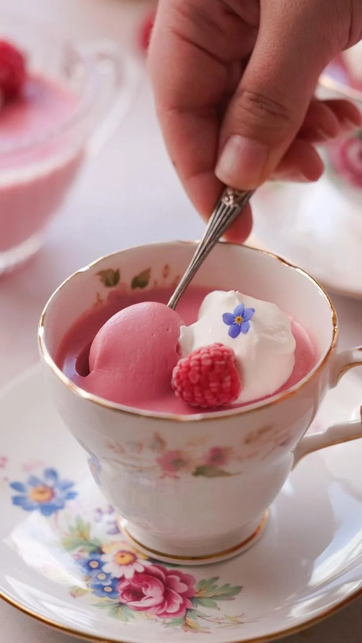 Delicious raspberry posset dessert with fresh raspberries and cream.