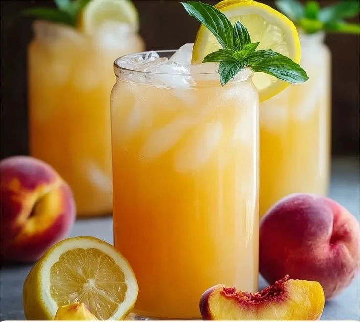 Refreshing peach lemonade served in a glass with fresh peach slices.