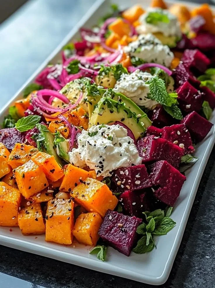 Colorful roasted beet salad with sweet potato, avocado, and whipped ricotta