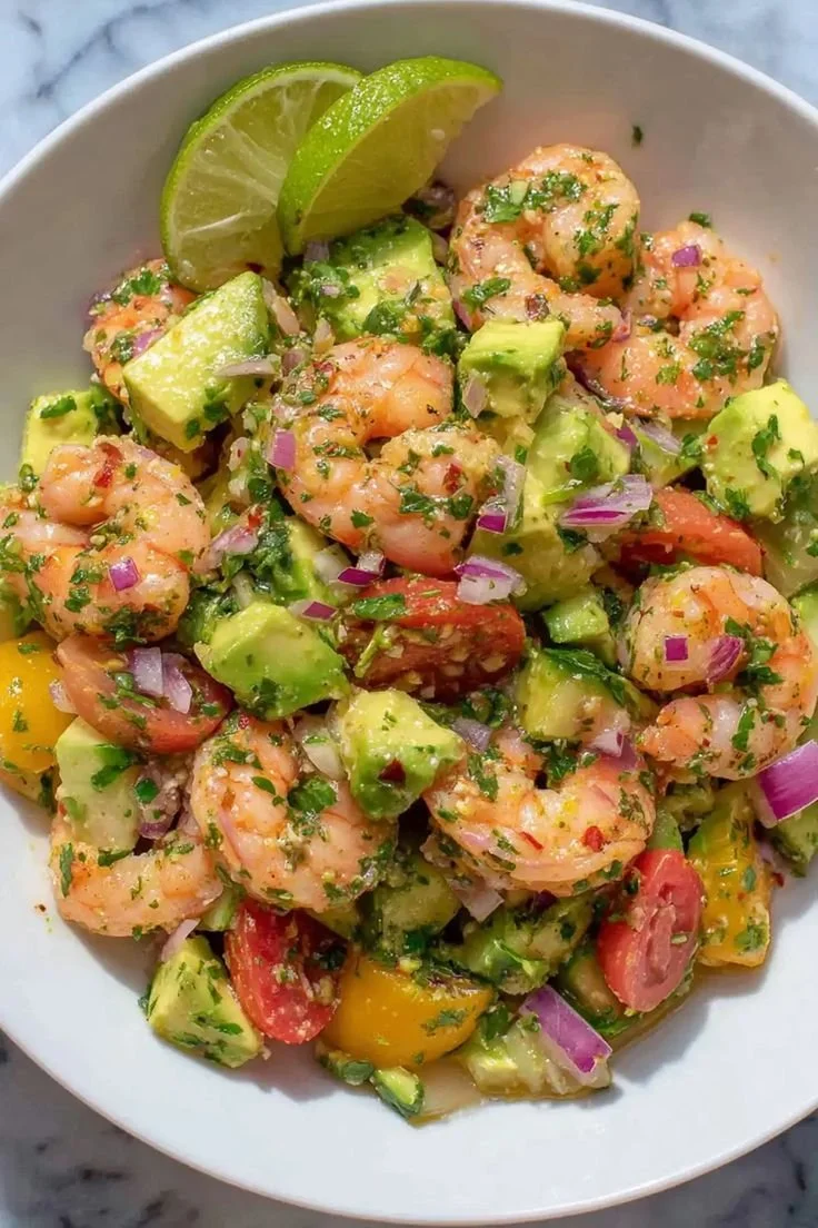 Delicious shrimp salad garnished with fresh vegetables and herbs