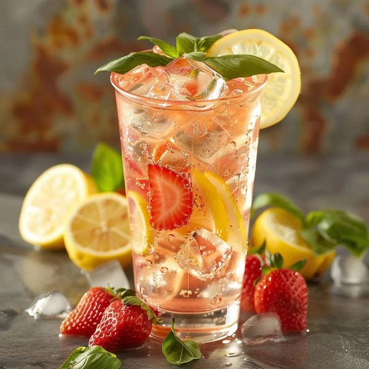 A refreshing glass of strawberry basil lemonade garnished with fresh basil leaves.