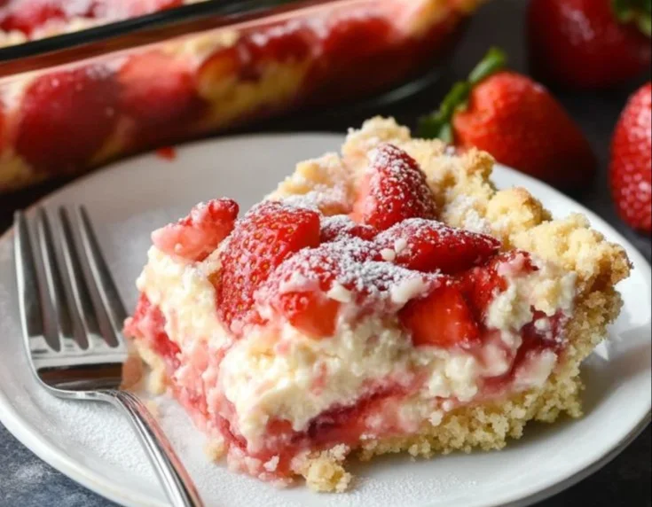 Delicious Strawberry Cheesecake Dump Cake topped with fresh strawberries.