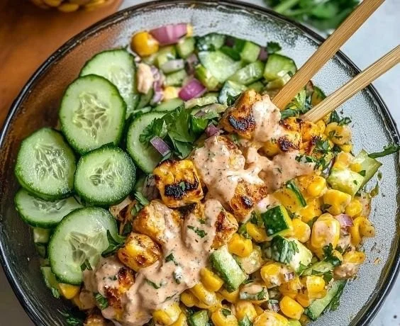 Delicious Street Corn Creamy Cucumber Chicken Salad recipe with vibrant ingredients.