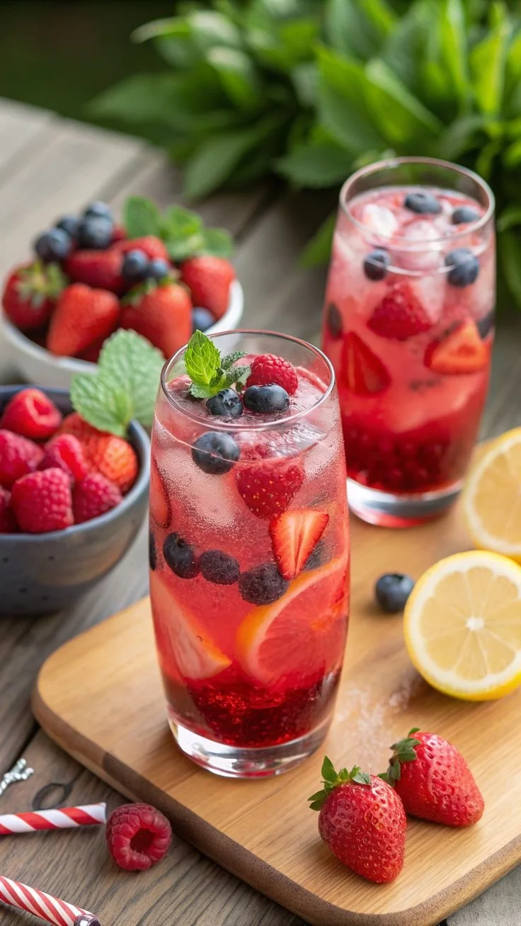 Glass of refreshing Triple Berry Lemonade garnished with fresh berries.