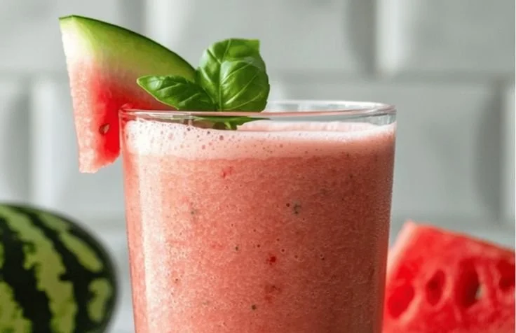 Delicious watermelon smoothie in a glass with fresh watermelon slices