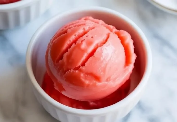 Refreshing watermelon sorbet served in a bowl with mint leaves