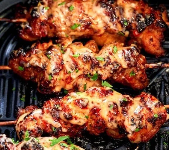Delicious air-fried Bang Bang Skewers ready to be served.