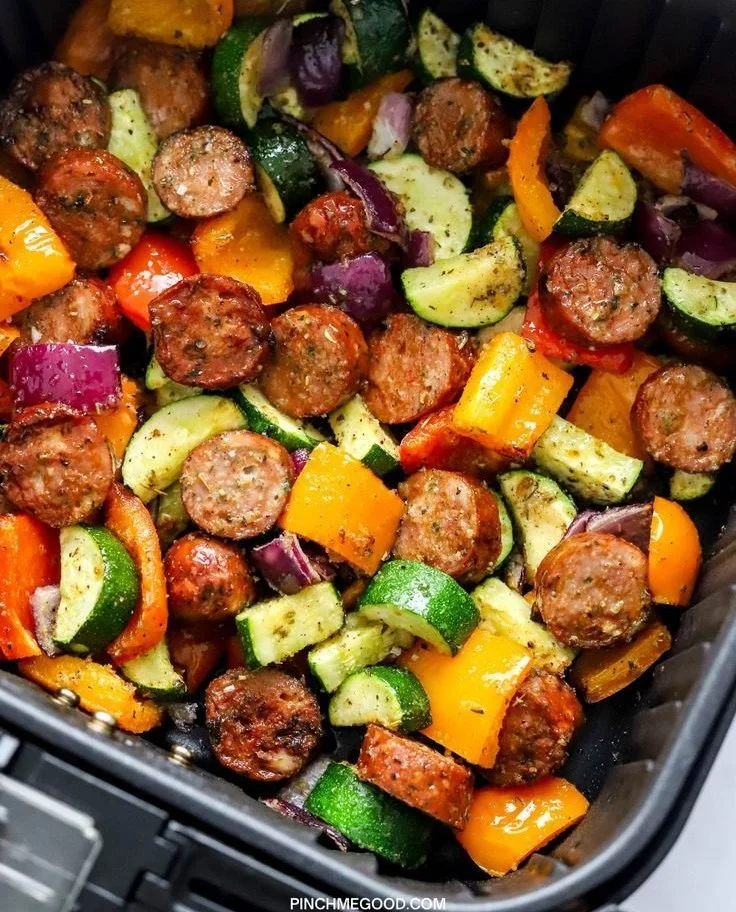 Air Fryer chicken sausage with mixed veggies served on a plate
