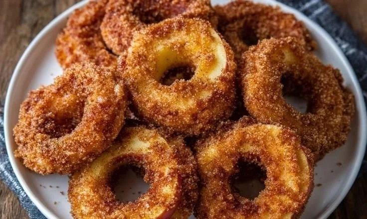Air fryer cinnamon apple rings served on a plate, topped with cinnamon and sugar.