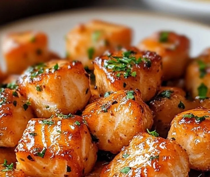 Air Fryer Honey Garlic Salmon dish garnished with herbs and lemon slices.