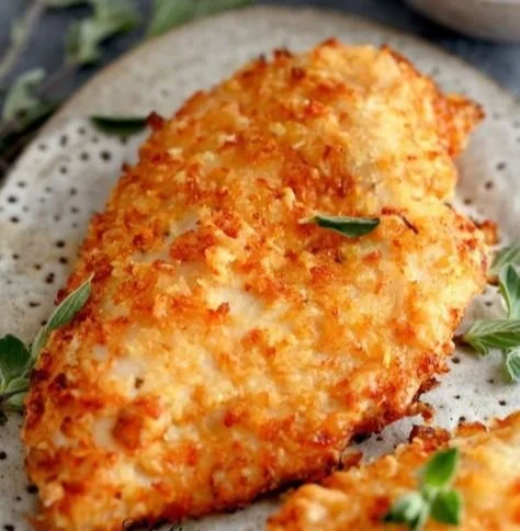 Air Fryer Parmesan-Crusted Mayo Chicken served on a plate, garnished with herbs.