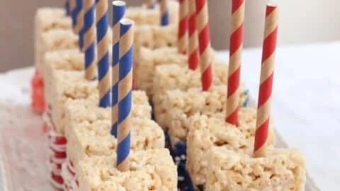 American Flag Rice Krispie Treats decorated for a festive celebration