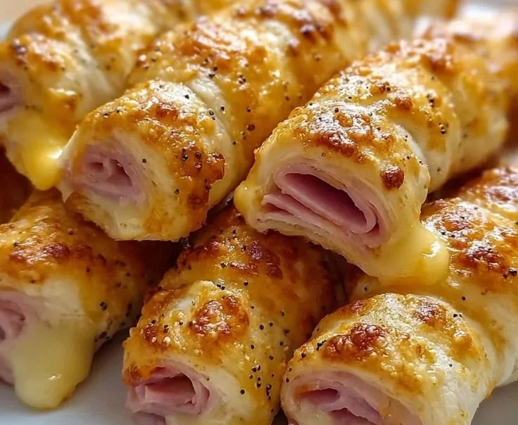 Delicious Baked Ham and Cheese Sticks on a plate, ready to eat.