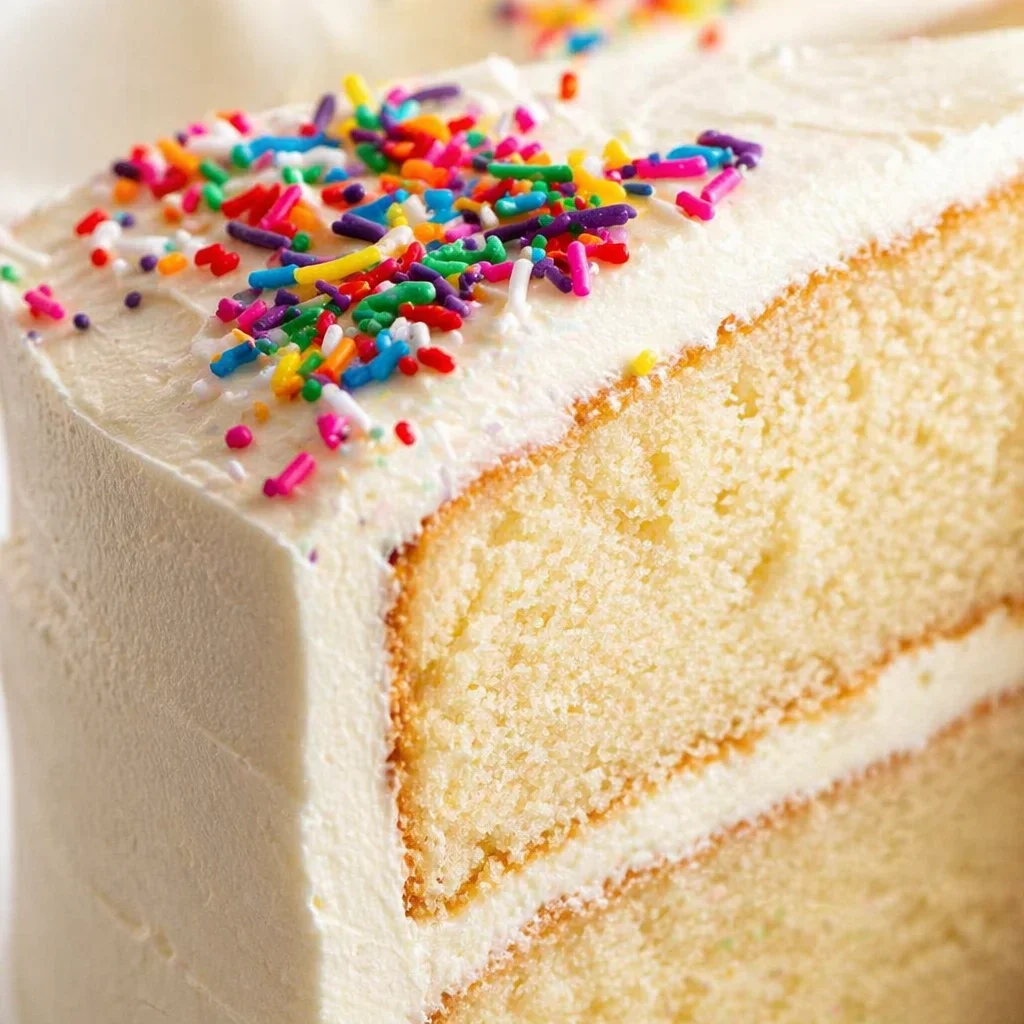 Decadent vanilla cake slice on a plate with fresh fruits