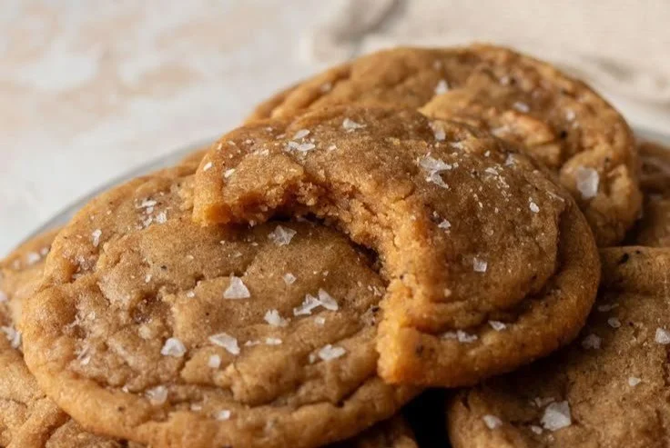 A plate of freshly baked soft chewy cookies, showcasing a golden brown exterior
